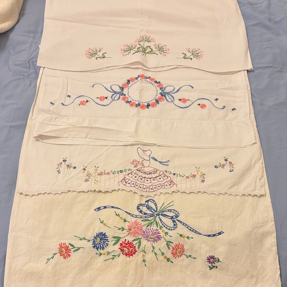 Vintage White Embroidered Floral and Doll Motif Pillowcases